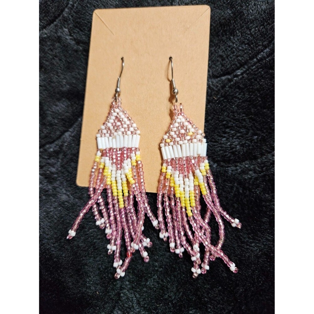 NATIVE AMERICAN MADE 3 INCH LIGHT PURPLE BEADED EARRING W/STERLING EAR HOOKS